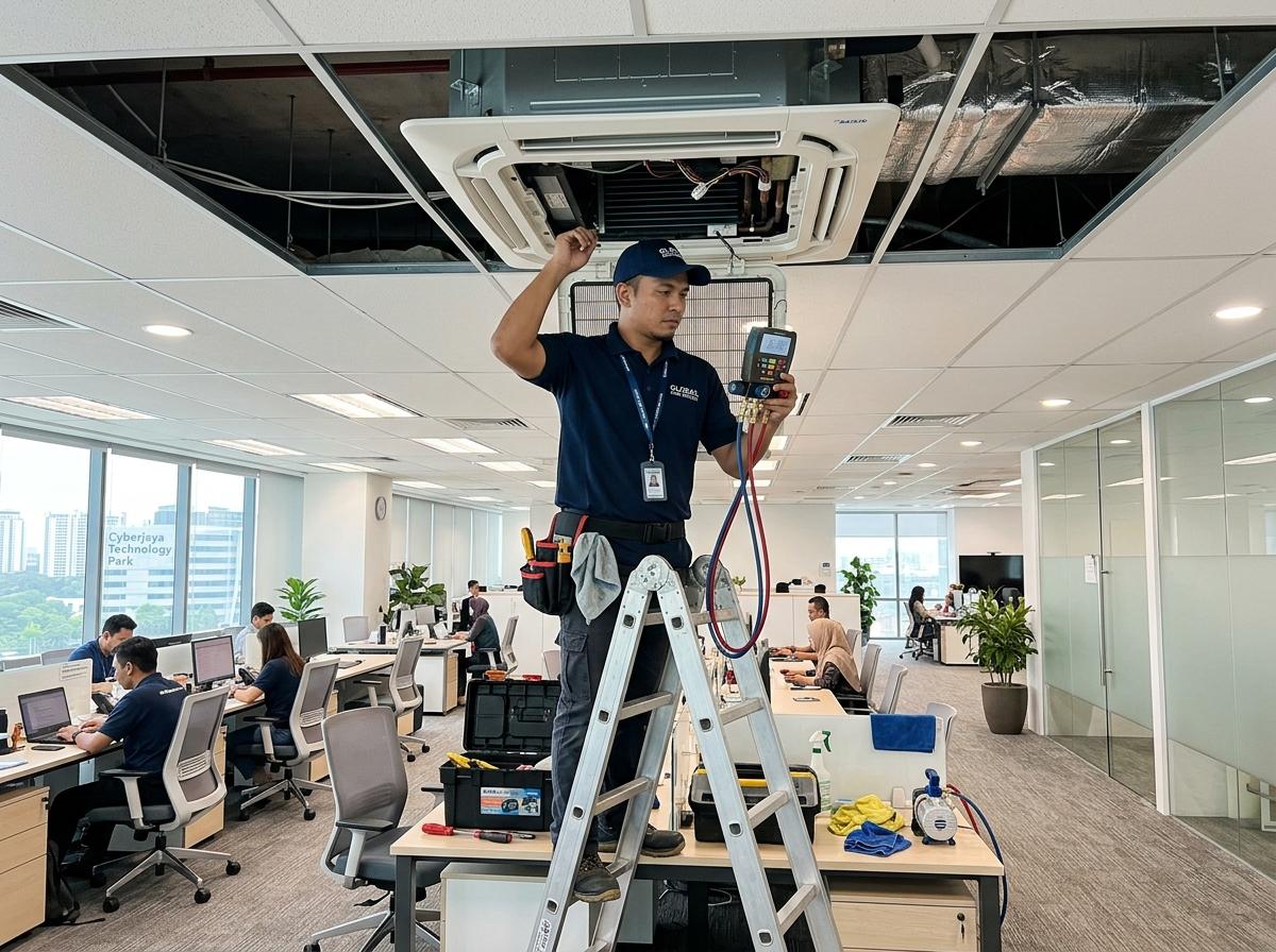 SA Famous Cooling technician servicing a 4-way ceiling cassette in a Klang & Shah Alam corporate tech office