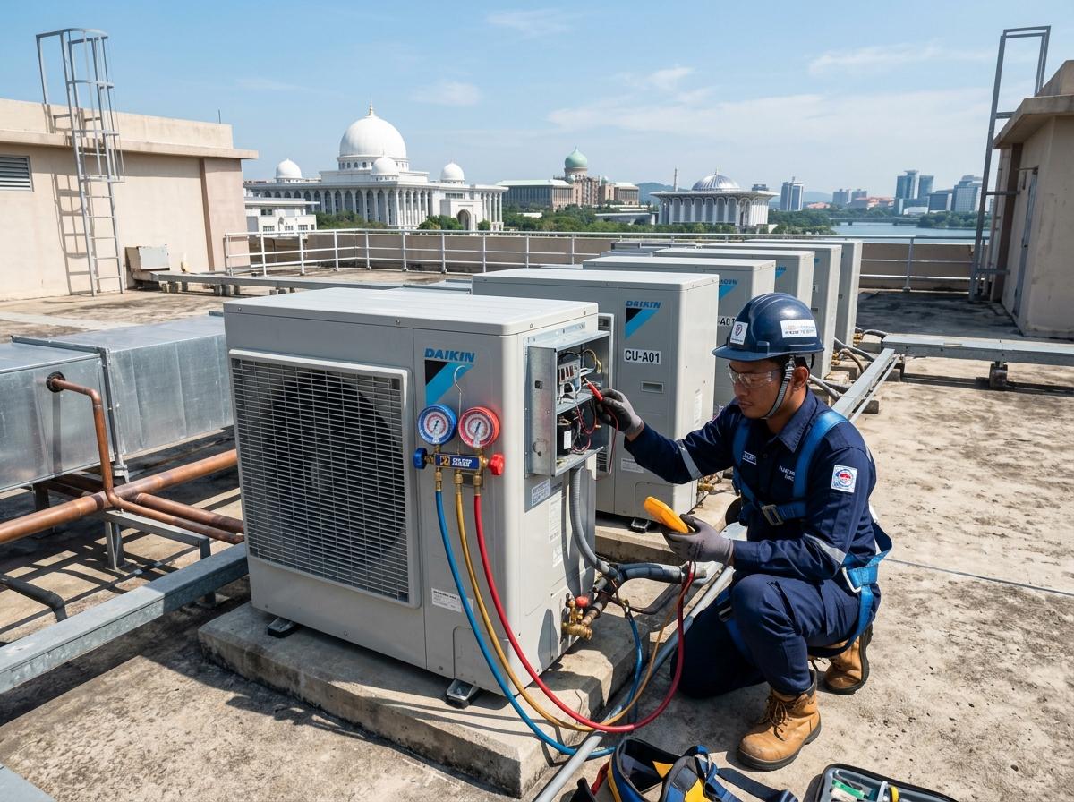 SA Famous Cooling certified technician checking commercial rooftop aircon condenser fleet in Klang & Shah Alam